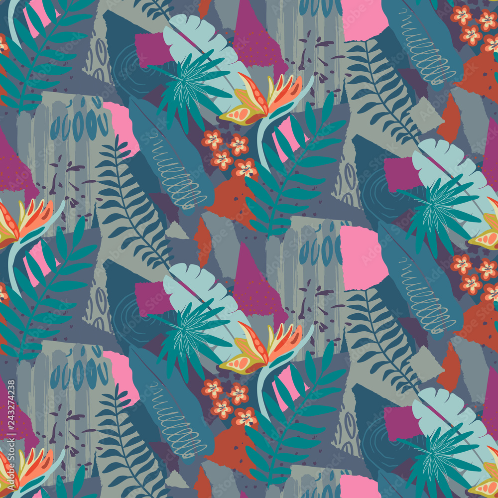 Fototapeta Beautiful seamless pattern with ropical jungle palm leaves and abstract texture
