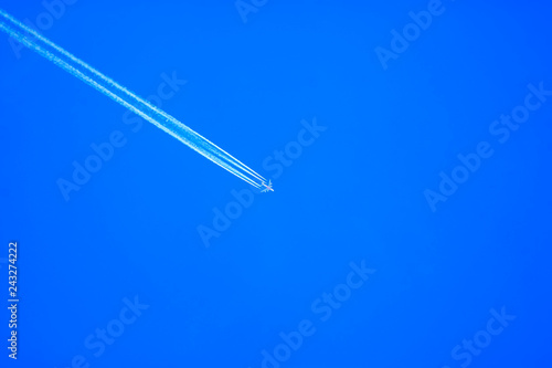 A jet plane in the blue sky background