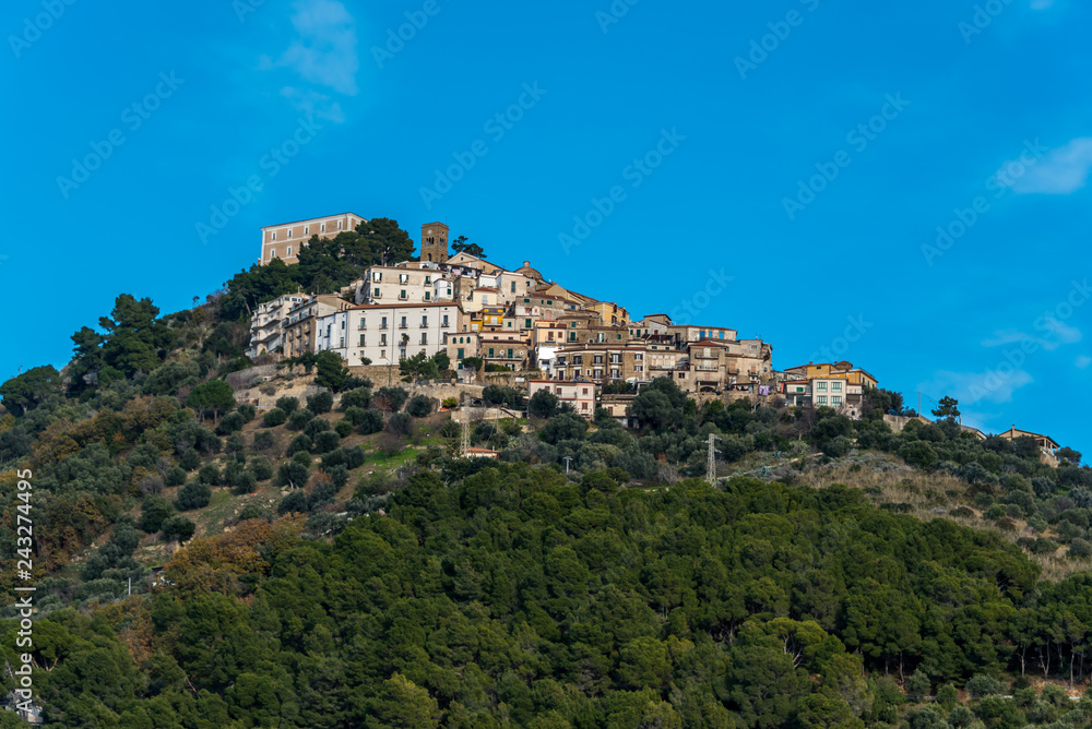Medieval Hilltop Village with Blue Sky in Southern Italy