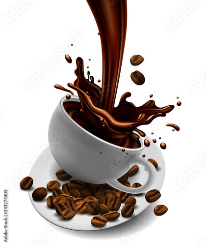 Cup of coffee, coffee beans and splash effect,  high detailed realistic illustration.