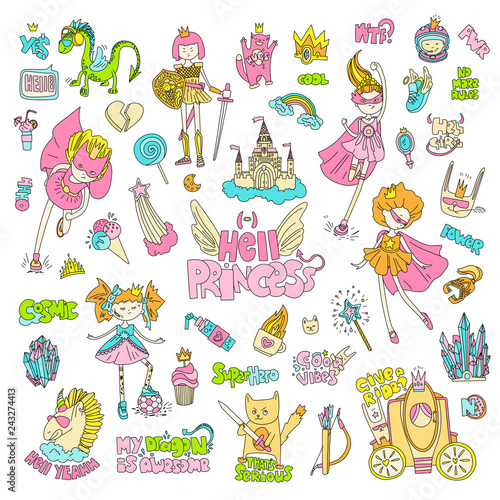 Brave tomboy Hell princess vector cartoon set. Princess magic and feminism illustration, little teen girl, princess superhero and warrior, brave girl illustration. Feminism princesses collection -