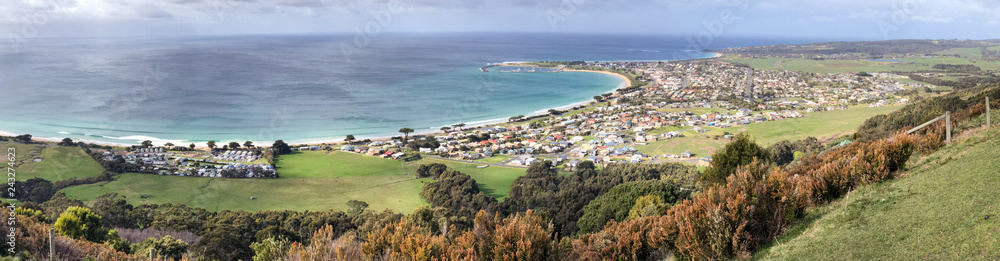 Apollo Bay panoramic view of coastline from Marriners Lookout, Victoria, Australia
