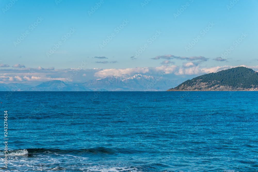 Distant Snow Capped Mountains along the Southern Italian Mediterranean Coast