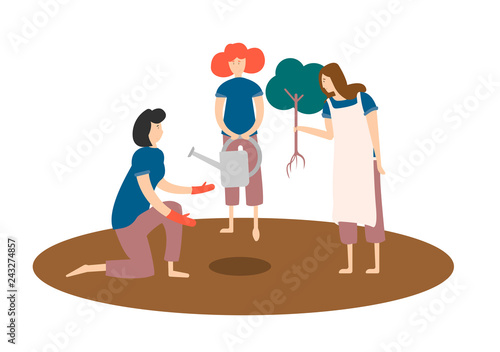 girls plant a tree,family is engaged in gardening,Vector image, flat design