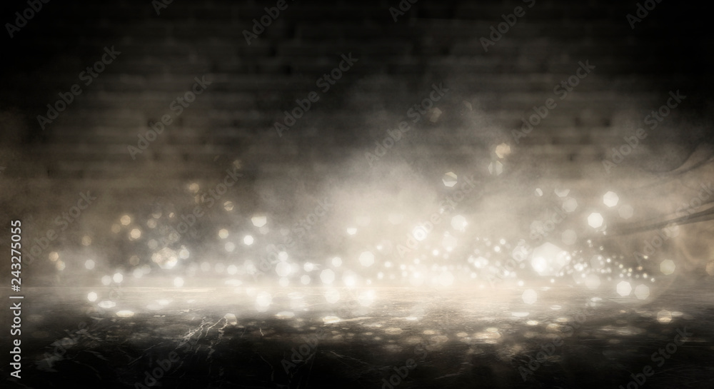 Background of an empty dark room, smoke and dust.