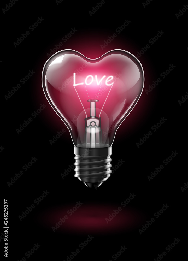 Transparent glowing heart-shaped light bulb on a dark background with the word Love instead of a tungsten filament. Highly realistic illustration. Transparent glowing heart-shaped light bulb on a dark background with the word Love instead of a tungsten filament. Highly realistic illustration.