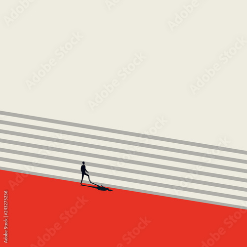 Business career growth and promotion vector concept in minimalist art style. Businessman walking up stairs. Symbol of progress, success, motivation, ambition and achievement.