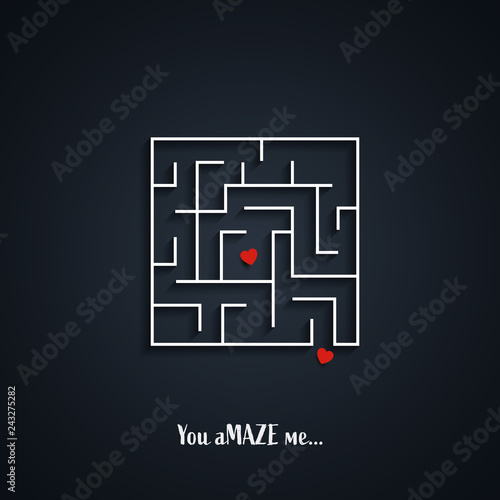 Valentine day poster or card template. Maze with two hearts in it. Symbol of love, happiness, romance.