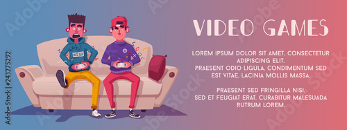 Friends is gaming. Gamers playing video game. Cartoon vector illustration