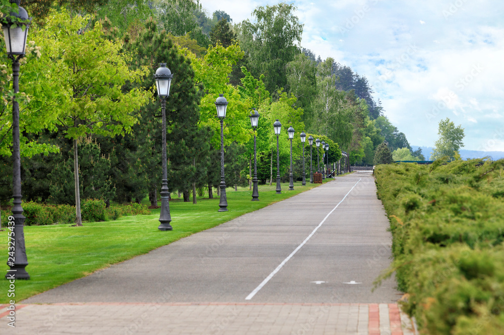 Straight asphalt road and bike path through the park with many beautiful vertical vintage lights