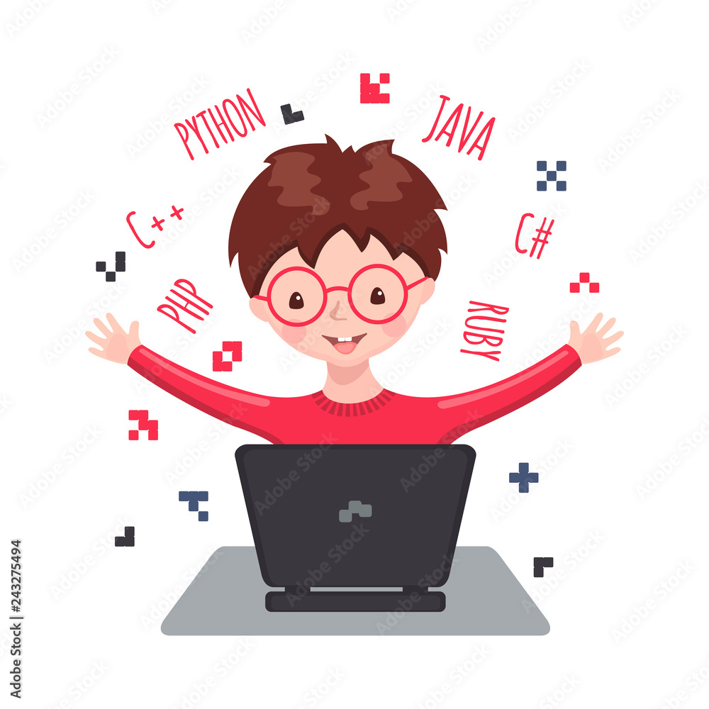 Smiling boy sitting at laptop and learning coding. Smiling boy sitting at laptop and learning coding.