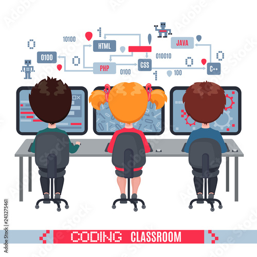 Kids learn coding on laptops in school.