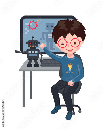 Smiling boy creating smart robot and programming it.