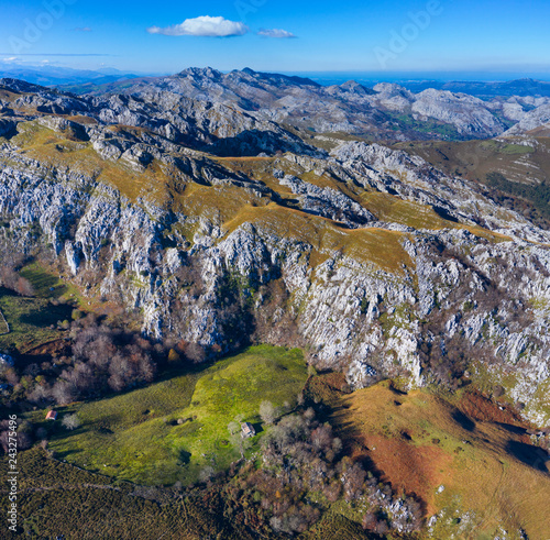 View from Los Machucos o Colláu Espina, communicates the villages of Bustablado and San Roque de Riomiera. Valles Pasiegos, Cantabria, Spain, Europe photo