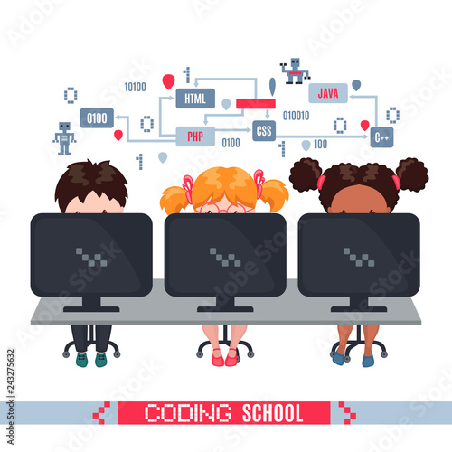 Kids learn coding on laptops in school.