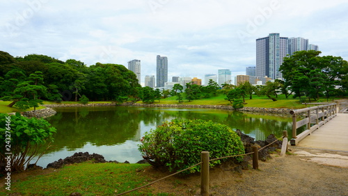 Large and attractive landscape garden in Tokyo. Pond and wooden bridge on the background of modern buildings photo