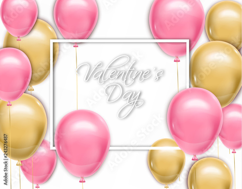 Valentine day card with balloons Vector realistic. Pink and yellow joyful col...