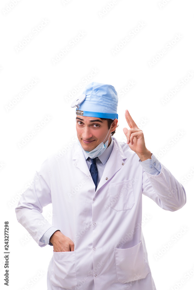 Young handsome doctor otolaryngologist isolated on white Young handsome doctor otolaryngologist isolated on white