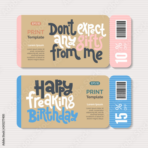 Promotional coupon design template with hand drawn lettering, slogan stylized typography. 