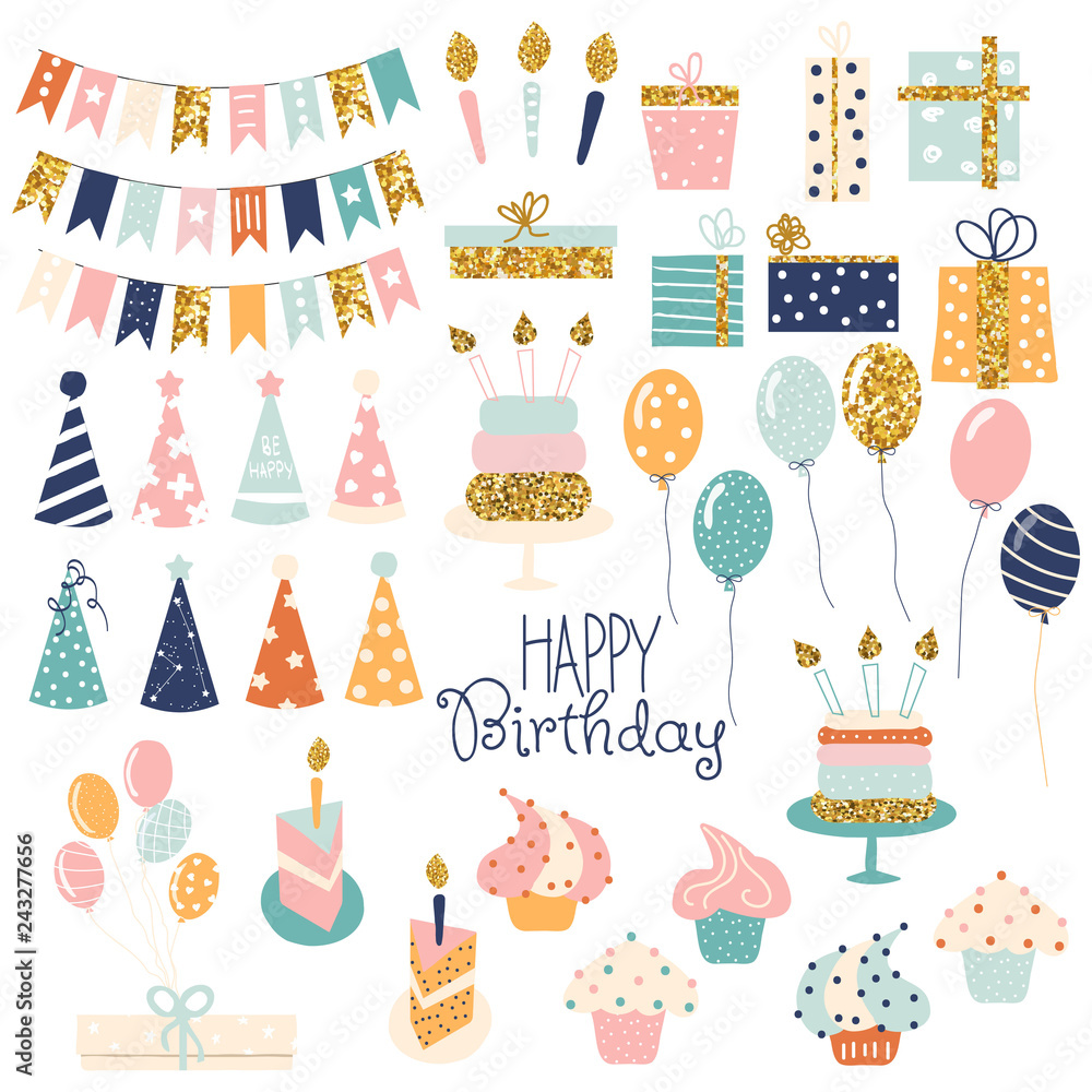 Birthday party glitter set.  Collection of holiday items. Vector hand drawn illustration. - obrazy, fototapety, plakaty 