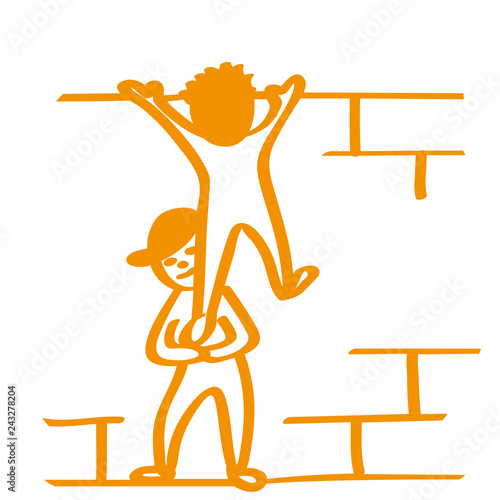 Handgezeichnete Männchen klettern über Mauer in orange
