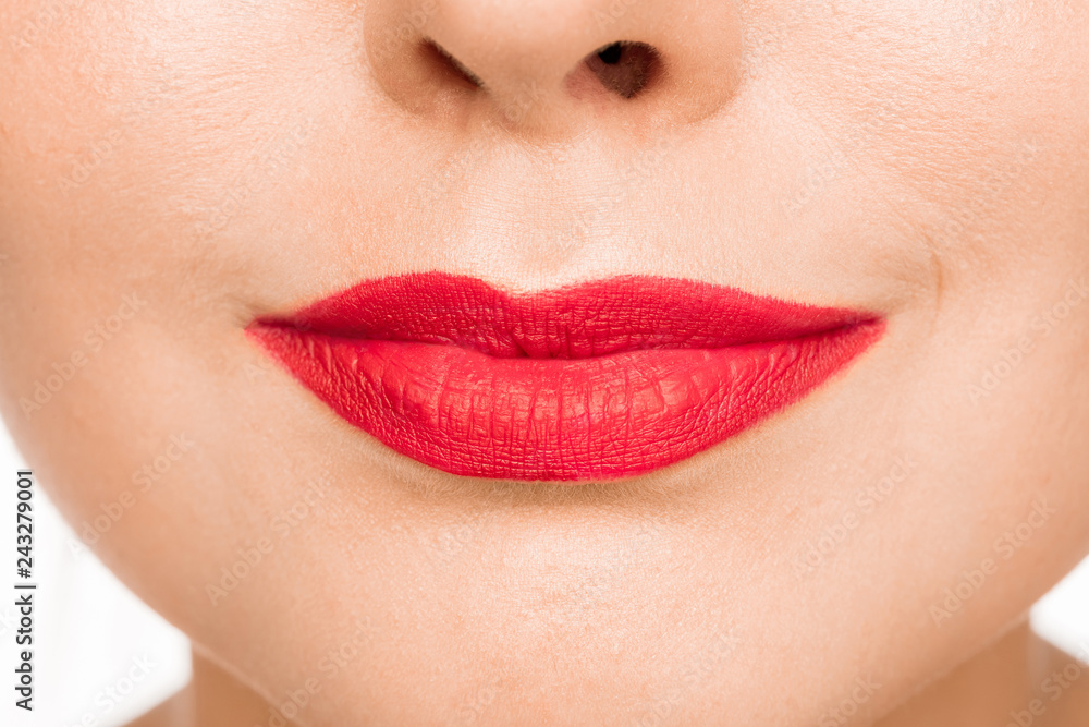 Obraz premium Sexy Red Lip. Close-up Beautiful lips. Make-up. Beauty Model Woman's Face close-up
