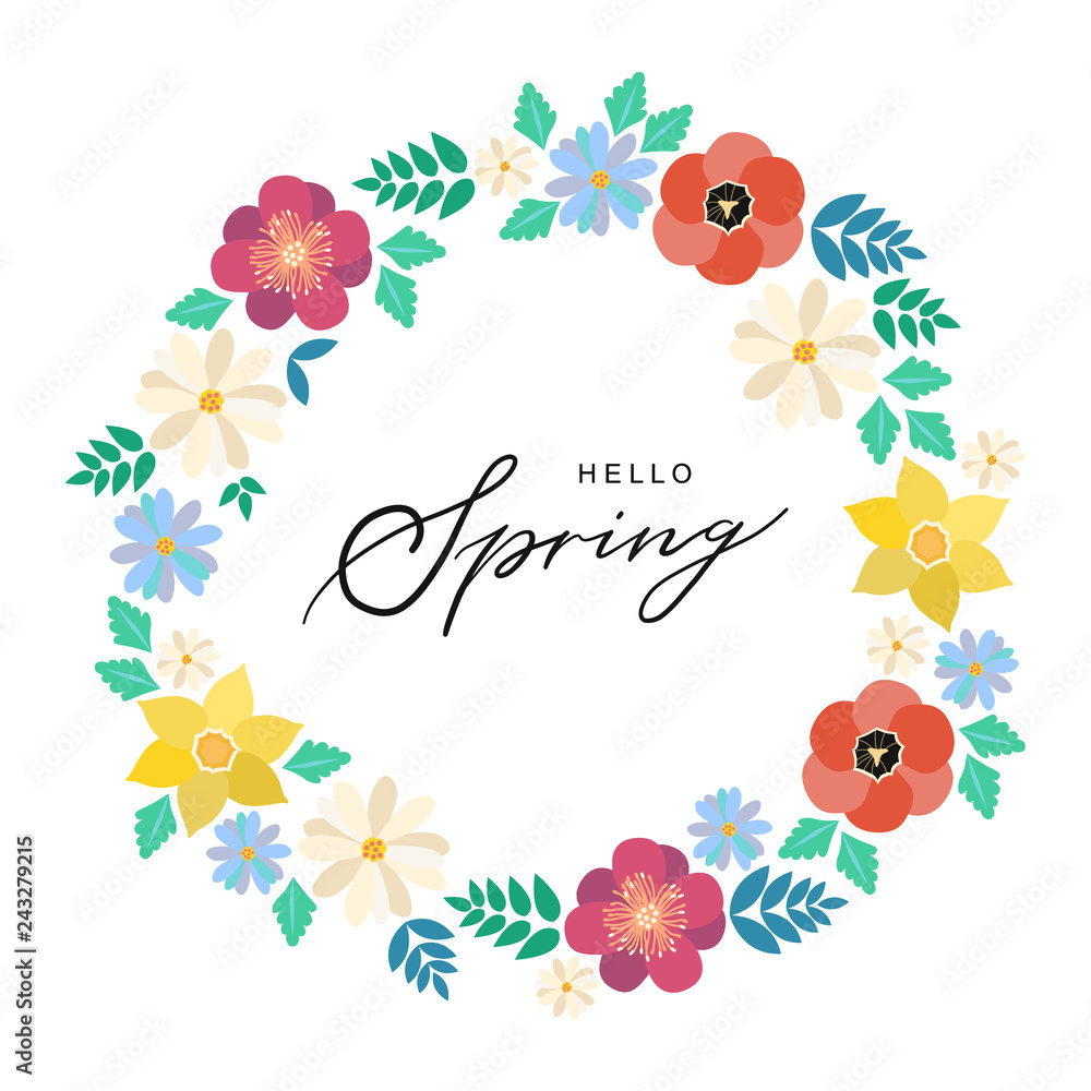 Hello spring typography hand drawn lettering poster with flower wreath decor. Vector illustration for 8 March Women's Day, Mother's Day, greeting cards, invitations. Floral border background, template