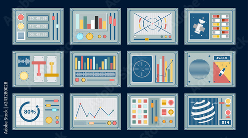 Control panels. Big set of consoles.Devices, radar, spacecraft, chart, Vector illustration design. - Vector