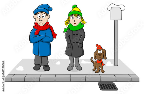 group of people waiting and shivering at a stop in winter