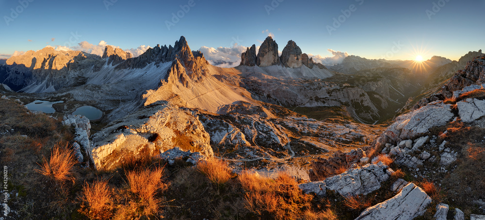 Naklejka premium Colorful sunset mountain landcape panorama range in Tre Cime di Lavaredo.Dolomites.