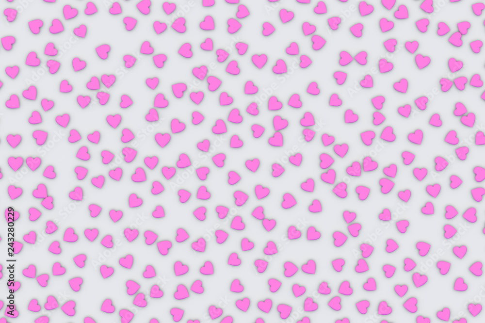 Valentine's Day abstract 3D illustration with pink or rosy hearts on white background.