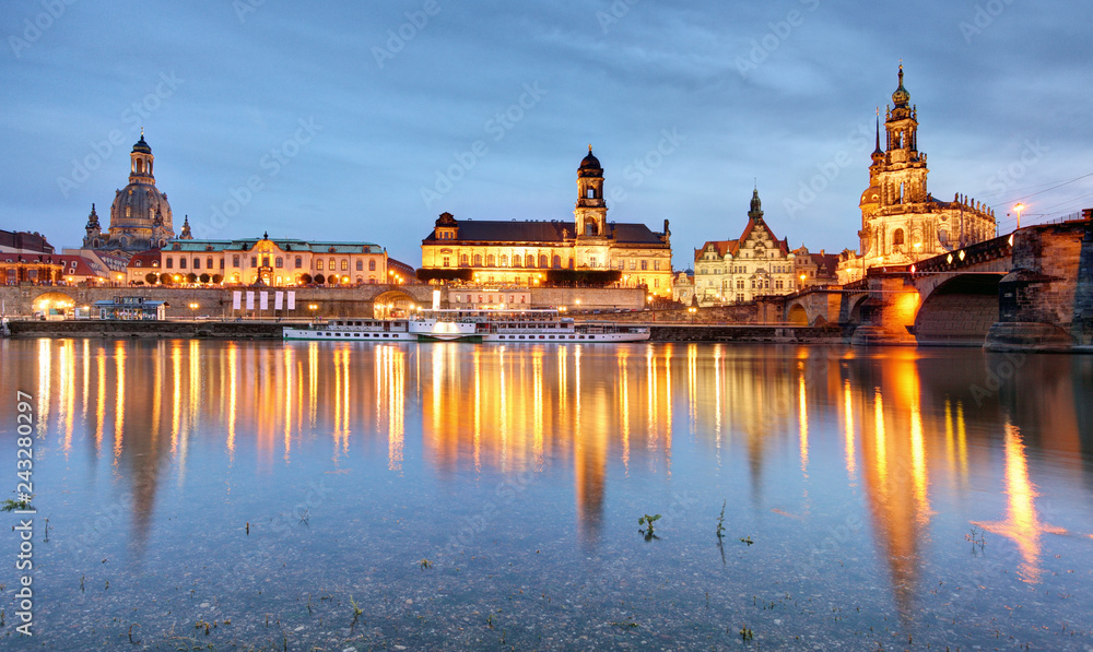 Dresden, Germany old town skyline on the Elbe River.