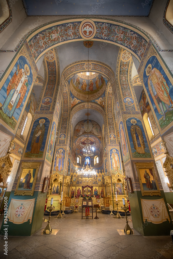 Inside interior of Memorial Temple of the Birth of Christ, Russian Style Church Cathedral ( Monastery Nativity ) near the soviet communist monument Buzludzha in Shipka, Bulgaria