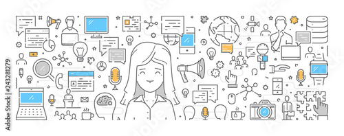 Vector line web banner with public relations and promotion. Open path.