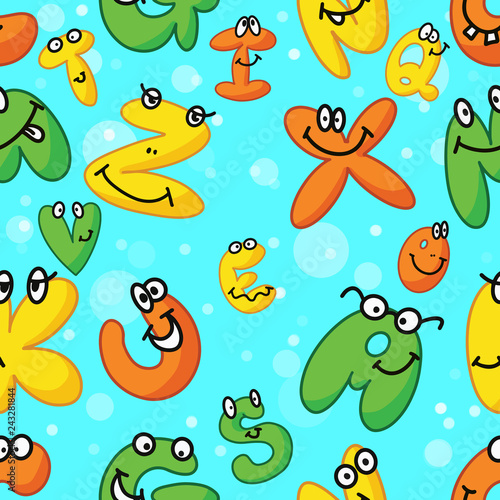 Cartoon Illustration of Funny Capital Letters Alphabet with eyes for Children Education seamless pattern.
