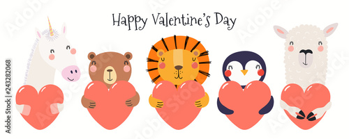 Hand drawn card with cute funny animals holding hearts, text Happy Valentines day. Isolated objects on white background. Vector illustration. Scandinavian style flat design. Concept for children print