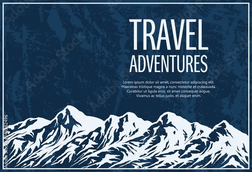 Mountaineering and travelling grunge background with huge mountain range silhouette. Vector illustration with copy-space.