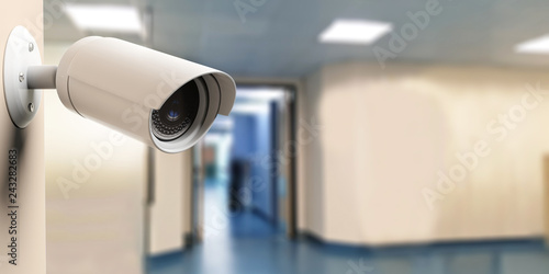 Security Camera CCTV on blur hospital background. 3d illustration