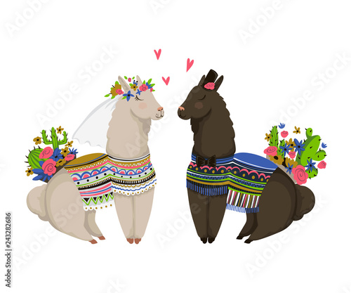 Sweet llamas couple in love. Cute cartoon characters. Happy Valentine's day. Design concept for wedding invitation, greeting card, print, poster. Isolated on white background. Vector illustration