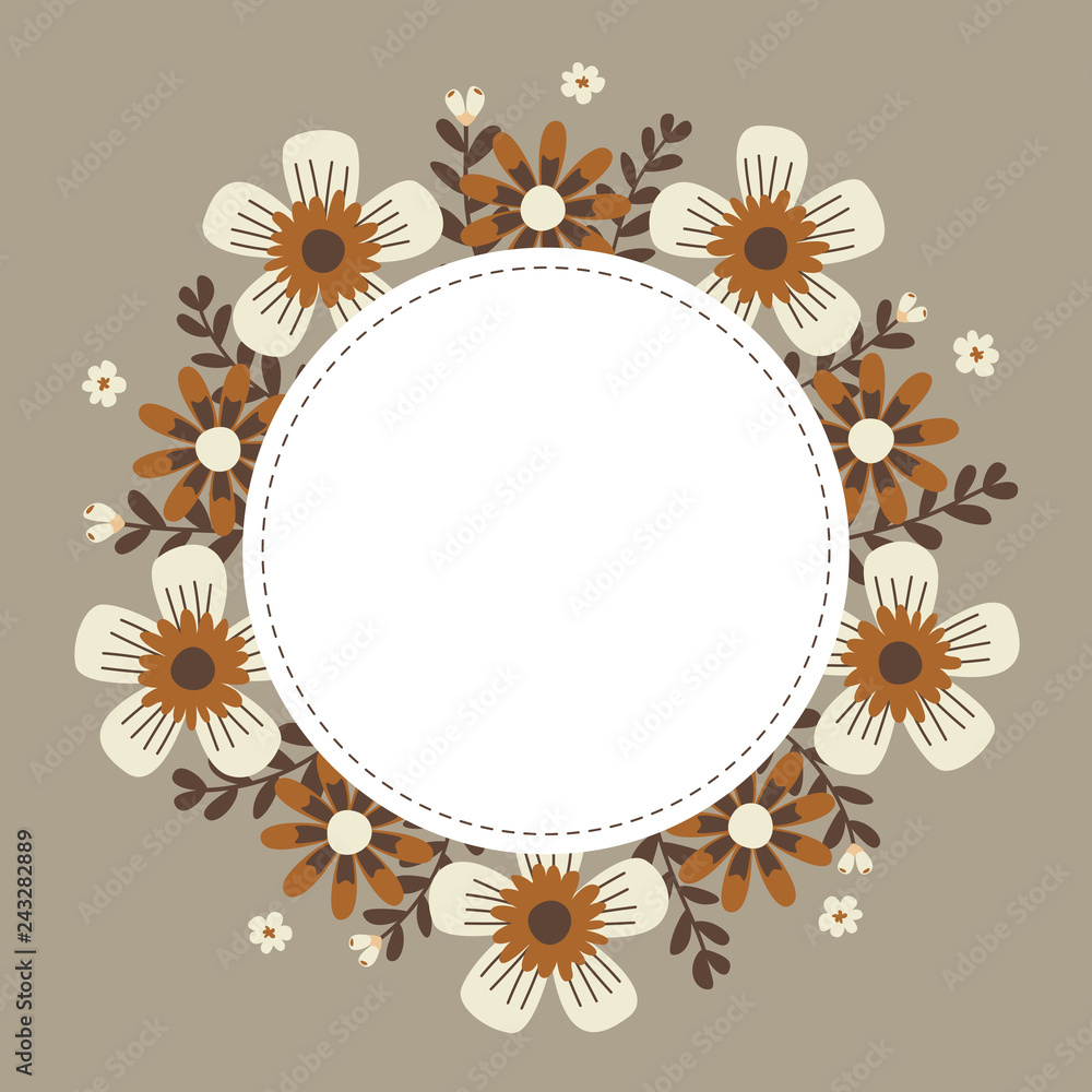 Floral greeting card and invitation template for wedding or birthday anniversary, Vector circle shape of text box label and frame, Autumn flowers wreath ivy style with branch and leaves. Floral greeting card and invitation template for wedding or birthday anniversary, Vector circle shape of text box label and frame, Autumn flowers wreath ivy style with branch and leaves.