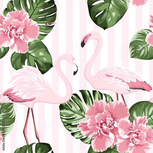 Exotic pink flamingo birds couple. Bright camelia flowers. Tropical monstera green leaves. Trendy seamless pattern.