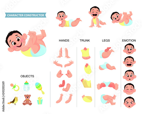 Creation of cartoon character baby boy set with haircuts emotions legs positions and аccessories isolated vector illustration. Moving arms, legs. 