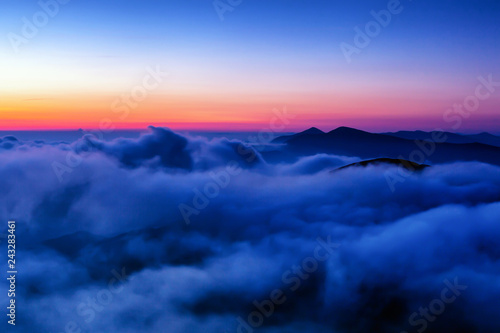 Sunrise over the Carpathian mountains, view from mountain Bliznitsya Velika 1881 m. Ukraine.