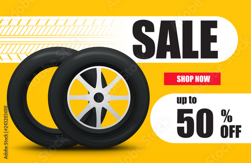 Tire car sale banner. Car wheels and tires sale poster. Vector 