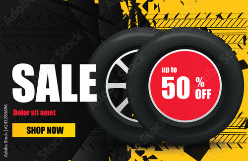 Tire car sale banner. Car wheels and tires sale poster. Vector 