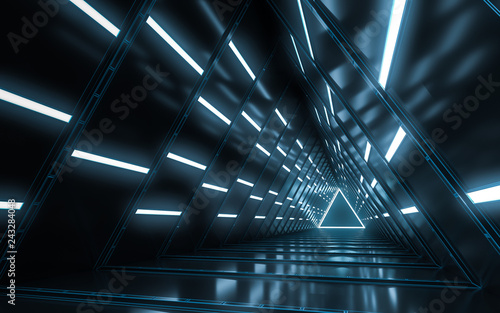 Abstract illuminated empty corridor interior design, Future concept. 3D rendering.