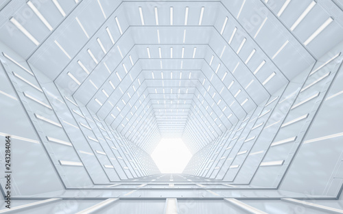 Abstract illuminated empty corridor interior design, Future concept. 3D rendering.