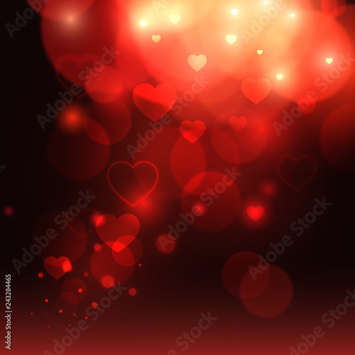 Valentines day. Valentines background with red bokeh sparkles and heart. Romantic love abstract valentine red background. Vector illustration