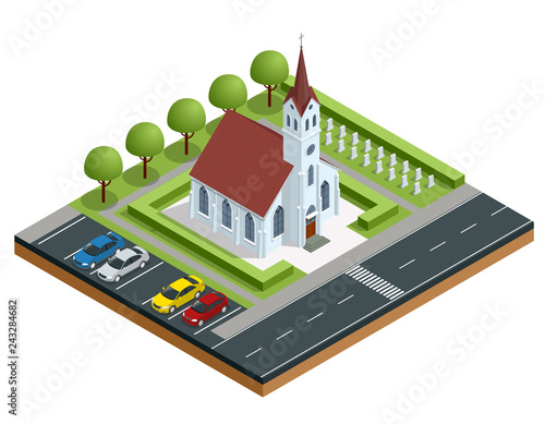 Isometric exterior of a modern church. Small church summer landscape. Vector illustration for religion architecture design. Symbols of Catholicism, religious values