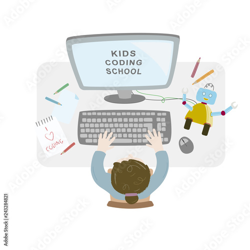Girl sitting at her desk and coding with her computer making and programming a robot. Topview workspace vector illustration.